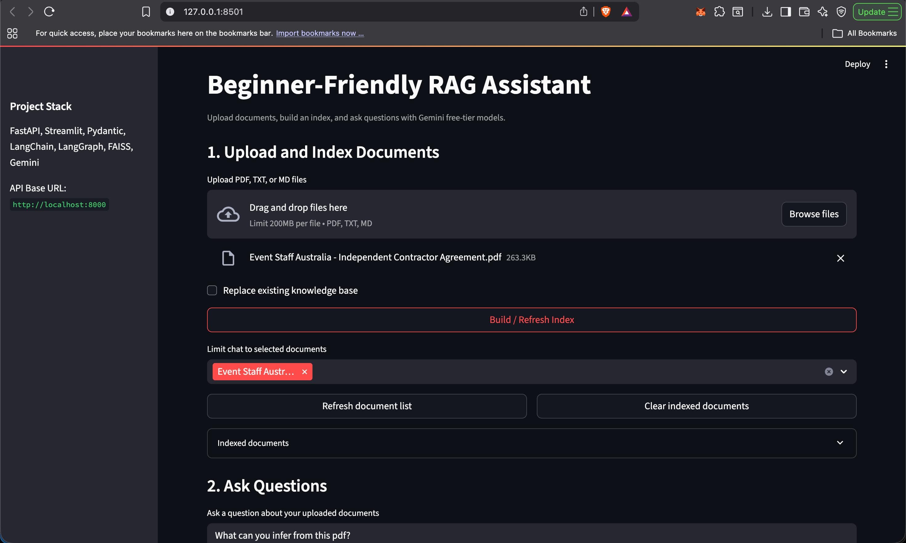 Production-style RAG assistant project dashboard preview