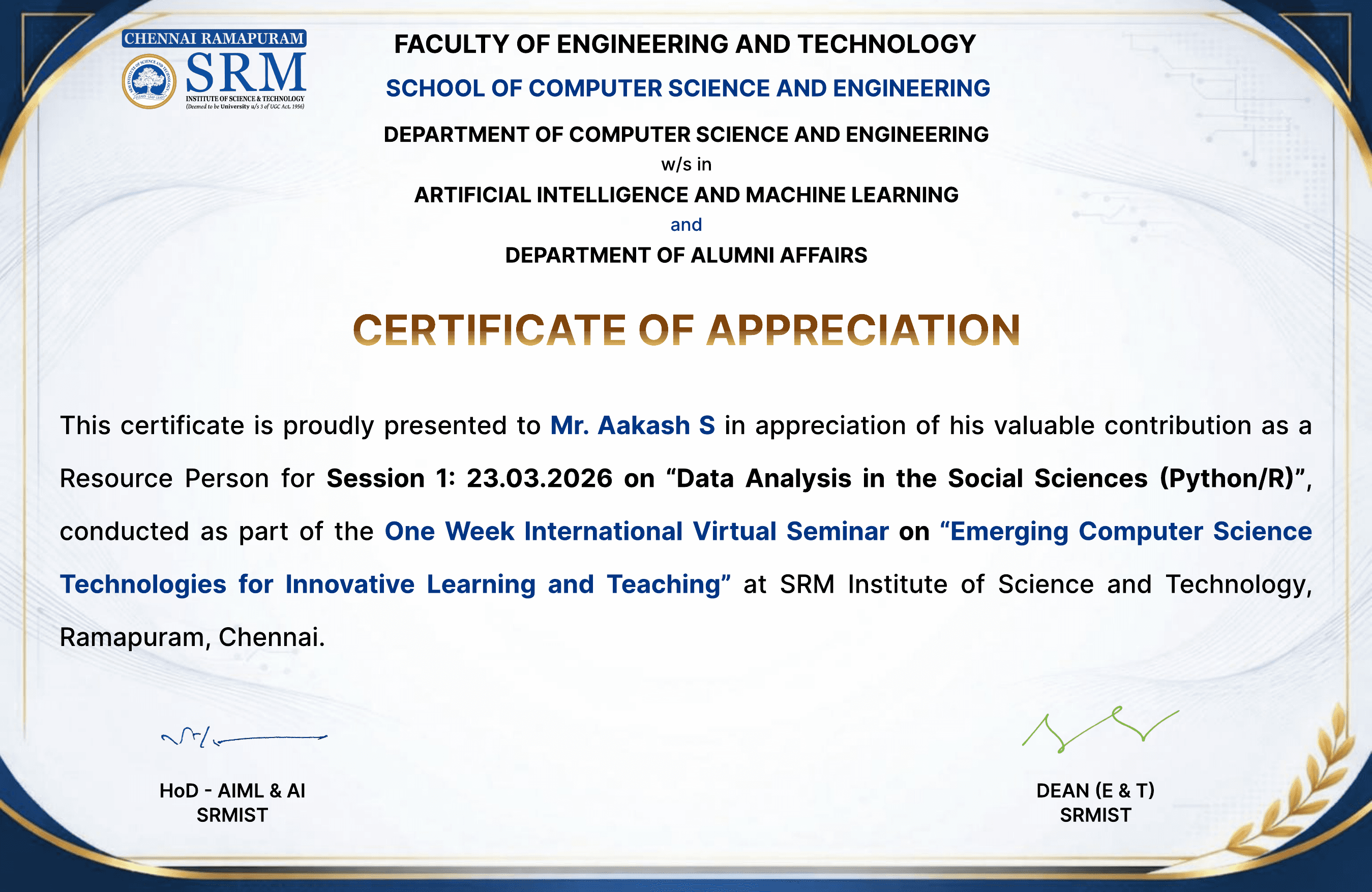 SRM Institute of Science and Technology appreciation letter